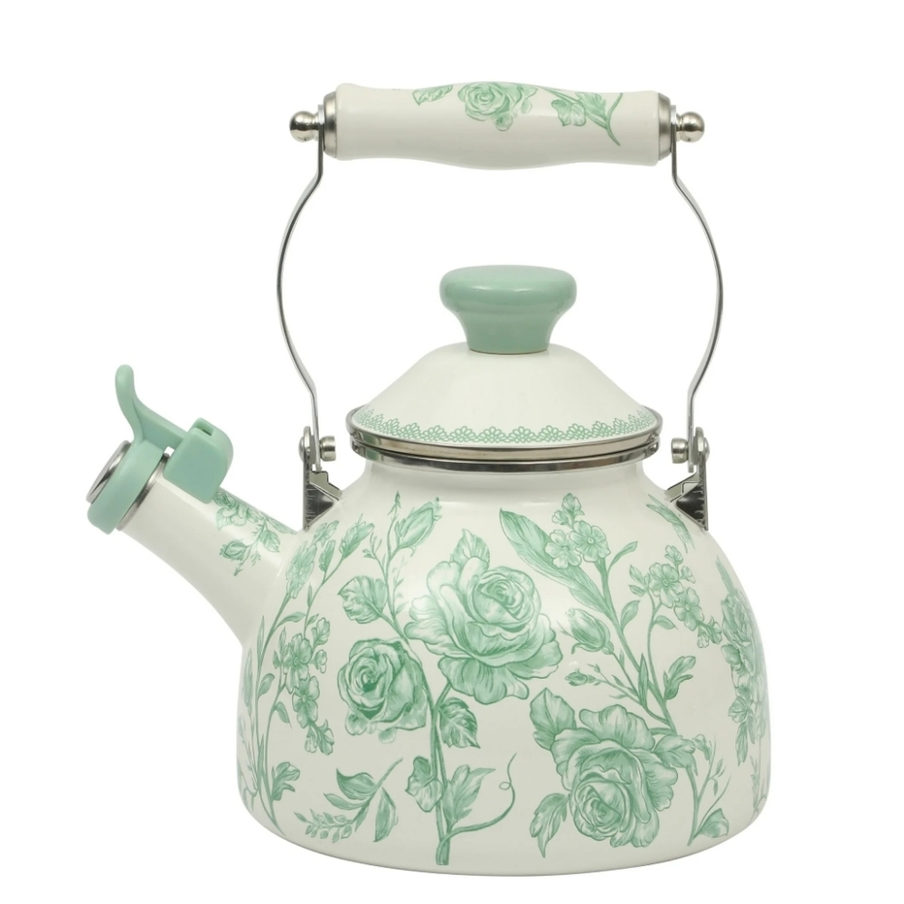 ❤️ 2025 The Pioneer Woman Agatha  Green and White Floral Whistling Tea Kettle